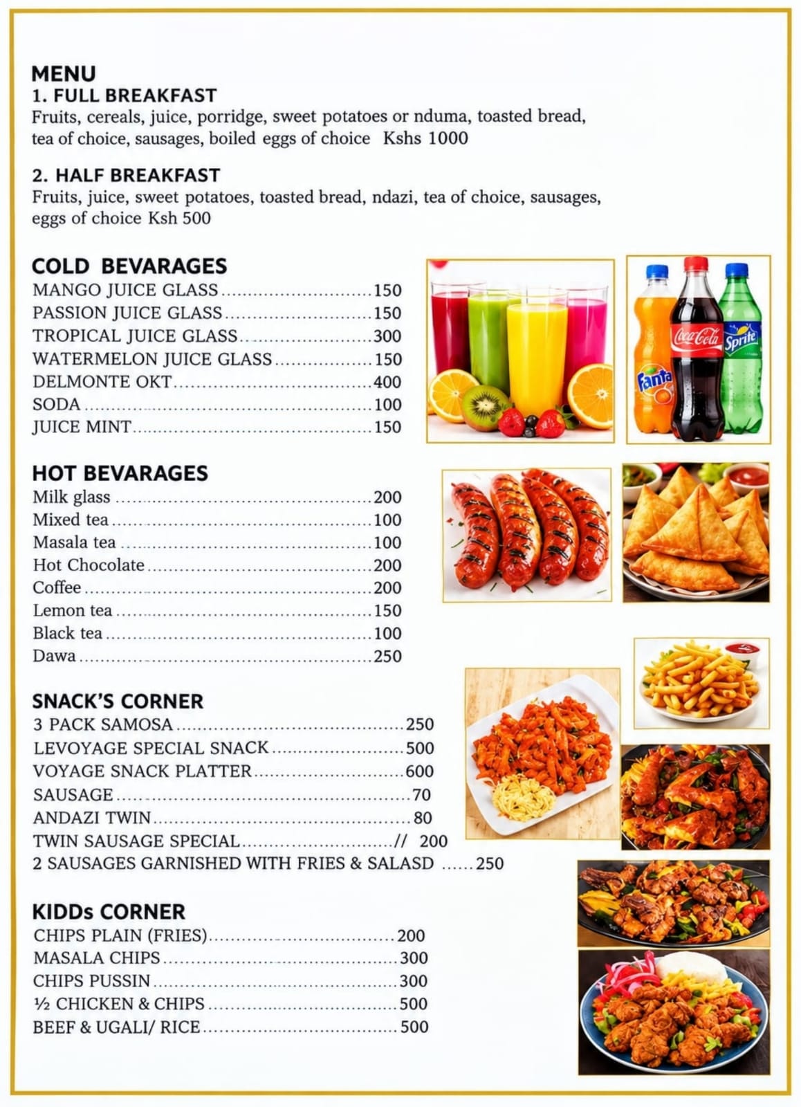 RESORT & Accommodation breakfast and snacks menu